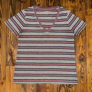 Lucky Brand Fitted Red, White and Blue Striped Short Sleeve V-Neck Tee Shirt